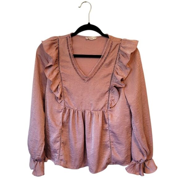 Altar'd State Women's Satin Pink Ballet Ruffle Blouse Size XS - Picture 1 of 6
